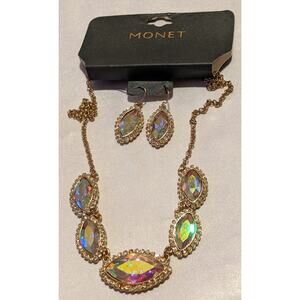 Vintage MONET Gold & Iridescent Rhinestone Crystal Necklace & Earrings Set NWT
